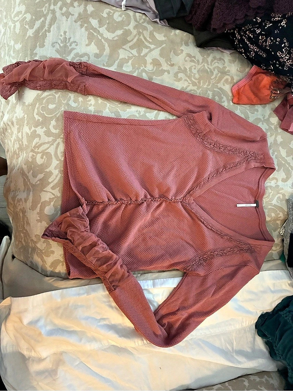Free People Amber Lace Cuff Long Sleeve Top Pink
